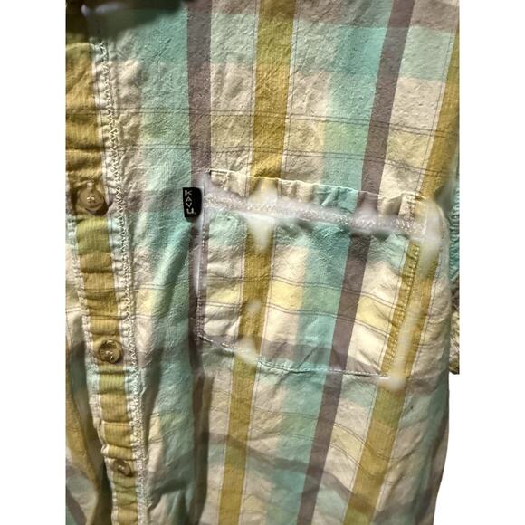 Kavu Button up Shirt Mens M Short Sleeve Blue White Yellow Tan Gorpcore Outdoor - Picture 3 of 4